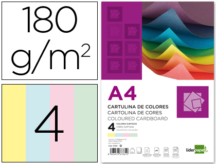 100 hojas cartulina Liderpapel A4 180g/m² 4 colores surtidos